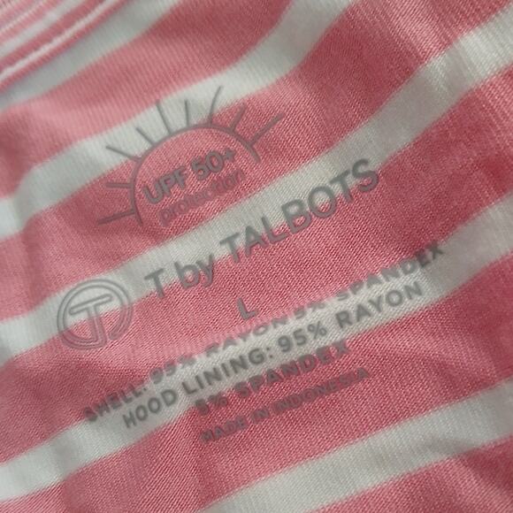 T by Talbots UPF 50+ Pink White Stripe Hoodie Beach Cover up 3/4 Sleeve Large - Picture 3 of 11